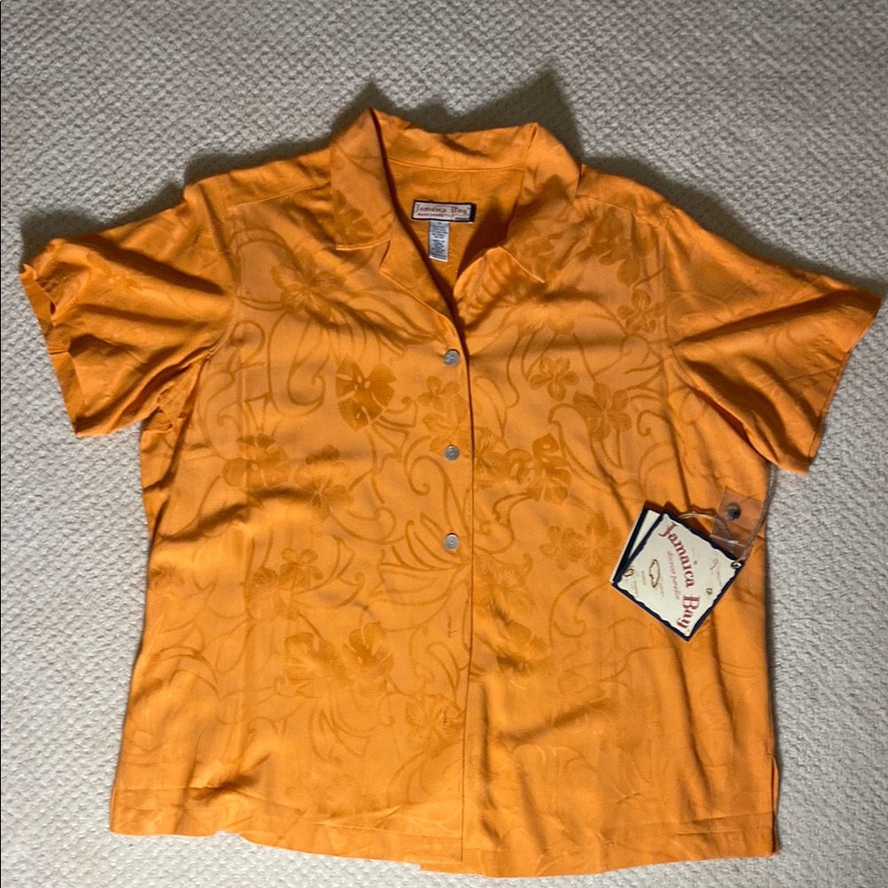 NWT Jamaica Bay Orange Silk/Rayon Jacquard Tropical Print Shirt